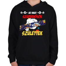 PRINTFASHION Augusztusban született szuperhős - Gyerek kapucnis pulóver - Fekete gyerek pulóver, kardigán