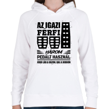 PRINTFASHION Az igazi férfi három pedált használ - Női kapucnis pulóver - Fehér női pulóver, kardigán