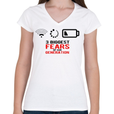 PRINTFASHION Az új generáció legnagyobb félelmei - Női V-nyakú póló - Fehér női póló