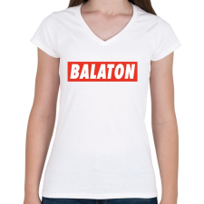 PRINTFASHION Balaton - Piros háttér - Női V-nyakú póló - Fehér női póló