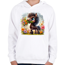 PRINTFASHION Barna póni virágcsokorral - Gyerek kapucnis pulóver - Fehér gyerek pulóver, kardigán