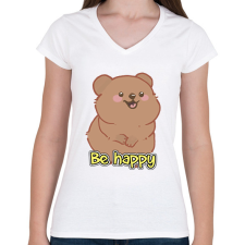 PRINTFASHION Be happy quokka - Női V-nyakú póló - Fehér női póló