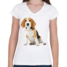 PRINTFASHION Beagle kutyás póló minta - Női V-nyakú póló - Fehér női póló