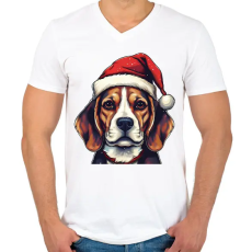 PRINTFASHION Beagle mikulás sapkában - Férfi V-nyakú póló - Fehér