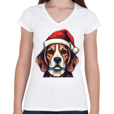 PRINTFASHION Beagle mikulás sapkában - Női V-nyakú póló - Fehér