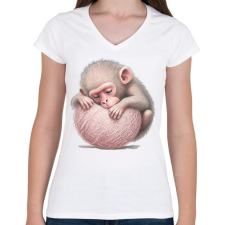 PRINTFASHION Bébi majom egy pink labdával - Női V-nyakú póló - Fehér női póló