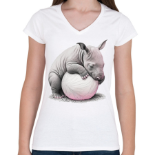 PRINTFASHION Bébi orrszarvú egy pink labdával - Női V-nyakú póló - Fehér női póló