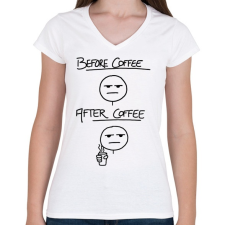 PRINTFASHION Before coffee after coffee - Női V-nyakú póló - Fehér női póló