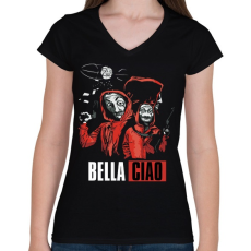 PRINTFASHION Bella Ciao - Nagy Pénzrablás - Money Heist - Casa de Papel - Női V-nyakú póló - Fekete
