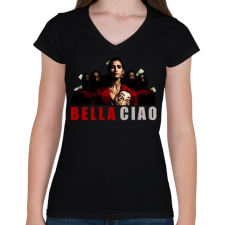 PRINTFASHION bella ciao - Női V-nyakú póló - Fekete női póló