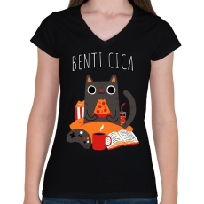 PRINTFASHION Benti cica - Női V-nyakú póló - Fekete