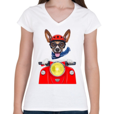 PRINTFASHION Biker Dog - Női V-nyakú póló - Fehér női póló