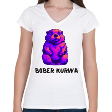 PRINTFASHION Bober kurwa - Női V-nyakú póló - Fehér női póló