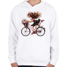 PRINTFASHION Boldog biciklis lány - Gyerek kapucnis pulóver - Fehér gyerek pulóver, kardigán