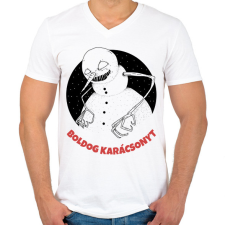 PRINTFASHION BOLDOG KARÁCSONYT - Férfi V-nyakú póló - Fehér férfi póló