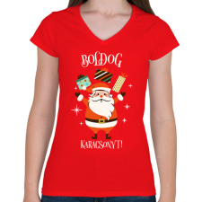 PRINTFASHION Boldog Karácsonyt - Női V-nyakú póló - Piros női póló