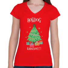 PRINTFASHION Boldog Karácsonyt - Női V-nyakú póló - Piros női póló