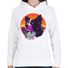 PRINTFASHION Border Collie Synthwave - Női kapucnis pulóver - Fehér női pulóver, kardigán