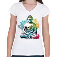 PRINTFASHION Buddha - Női V-nyakú póló - Fehér női póló