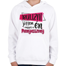 PRINTFASHION Bulizni jöttem én vagyok a menyasszony - Gyerek kapucnis pulóver - Fehér