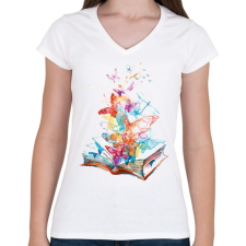 PRINTFASHION Butterfly Book - Női V-nyakú póló - Fehér női póló