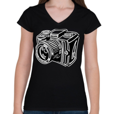 PRINTFASHION Camera - Női V-nyakú póló - Fekete
