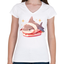 PRINTFASHION Cápa sushi - Női V-nyakú póló - Fehér női póló