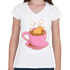 PRINTFASHION Capybara kávéban - Női V-nyakú póló - Fehér női póló