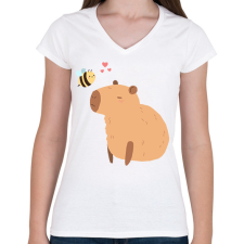 PRINTFASHION Capybara méhecskével - Női V-nyakú póló - Fehér női póló