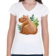 PRINTFASHION Capybara popsi - Női V-nyakú póló - Fehér női póló