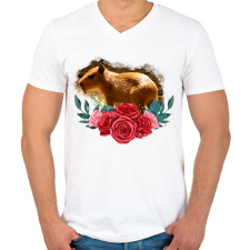 PRINTFASHION Capybara rózsával - Férfi V-nyakú póló - Fehér férfi póló