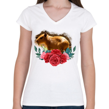 PRINTFASHION Capybara rózsával - Női V-nyakú póló - Fehér női póló