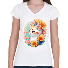 PRINTFASHION cat2 - Női V-nyakú póló - Fehér női póló