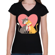 PRINTFASHION Cat Love - Női V-nyakú póló - Fekete női póló