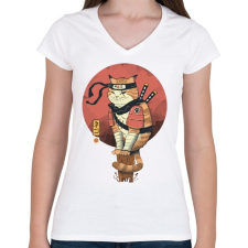 PRINTFASHION Cat Shinobi - Női V-nyakú póló - Fehér női póló