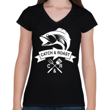 PRINTFASHION Catch and Roast fehér - Női V-nyakú póló - Fekete női póló
