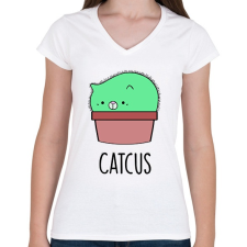 PRINTFASHION Catcus - Női V-nyakú póló - Fehér női póló