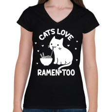PRINTFASHION Cats love ramen too - Női V-nyakú póló - Fekete