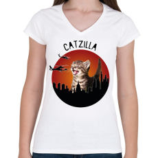 PRINTFASHION Catzilla - Női V-nyakú póló - Fehér
