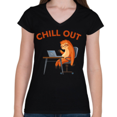 PRINTFASHION CHILL OUT - vicces lajhár - Női V-nyakú póló - Fekete