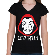 PRINTFASHION Ciao Bella - A nagy Pénzrablás - Money Heist - La Casa de Papel - Női V-nyakú póló - Fekete