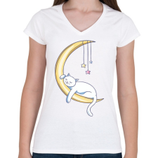 PRINTFASHION Cica a holdon alszik mese - Női V-nyakú póló - Fehér női póló