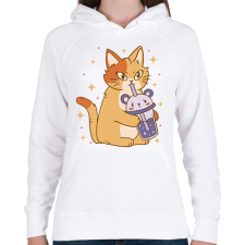 PRINTFASHION Cica bubble teával - Női kapucnis pulóver - Fehér női pulóver, kardigán