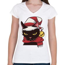 PRINTFASHION Cica karácsonyi sapka sál - Női V-nyakú póló - Fehér női póló