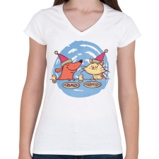 PRINTFASHION Cica kutya barátok  - Női V-nyakú póló - Fehér női póló