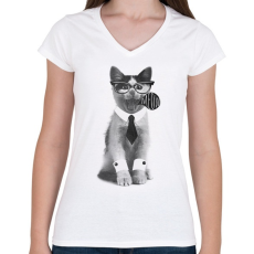 PRINTFASHION Cica öltönyben - Női V-nyakú póló - Fehér