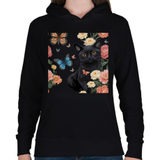 PRINTFASHION cica virágokkal és pillangókkal - Női kapucnis pulóver - Fekete
