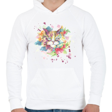PRINTFASHION Cica vízfesték - Férfi kapucnis pulóver - Fehér férfi pulóver, kardigán