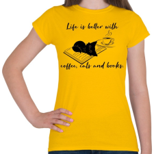 PRINTFASHION Coffee, cats and books - Női póló - Sárga női póló