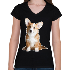 PRINTFASHION corgi - Női V-nyakú póló - Fekete női póló